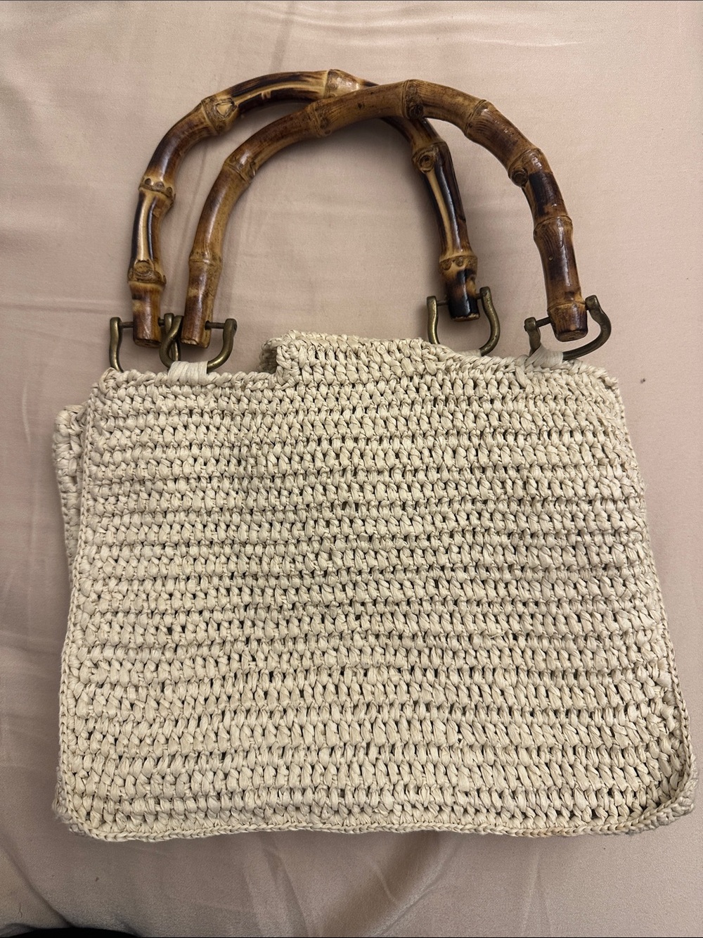 Urban Outfitters Cream Woven Shoulder Bag with Bamboo Handles - Picture 2 of 4